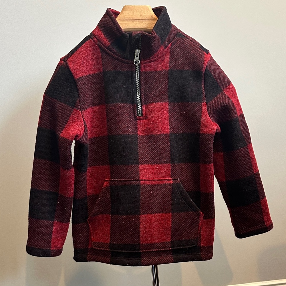 Kids Checkered Half-Zip Fleece Pullover - Red and Black